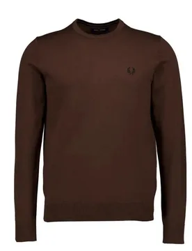 Mens Burnt Tobacco Classic Crewneck Jumper - Dark Brown Wool - Size Large - Fred perry - FashionsVida