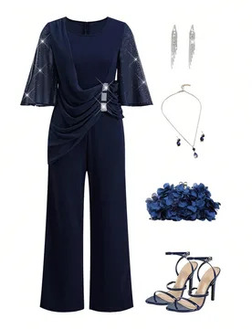 Mono elegante azul marino con pedrería para mujer, vestido de invitada de boda, conjunto de abaya para otoño y verano para invitadas de boda, damas - Shein - FashionsVida
