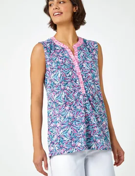Women's Sleeveless V-Neck Floral Print Top in Pink Size: 10 - Pink - Size: 10 - Roman - FashionsVida