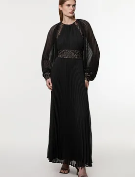 Womens Viscose Georgette Pleated Woven Maxi Dress With Sheer Lace Panel Detail - Black - Size 8 Uk - Karen millen - FashionsVida