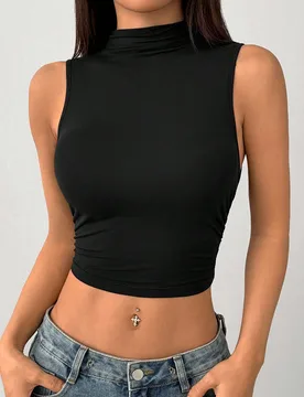 Top sin mangas de cuello alto negro con fruncido, simple y elegante para uso diario casual, para mujeres de talla pequeña Petite L - Shein - FashionsVida