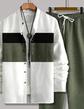 Conjunto de 2 piezas de camisa de manga larga con cuello Mao y pantalón con cordón, de ajuste holgado y aspecto de lino, en bloques de color, para p - Shein - FashionsVida
