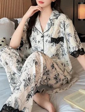Set de 2 piezas de pijama de mujer con adorno de encaje: blusa de manga corta y pantalón largo a contraste, informal y cómodo, apto para todas las e - Shein - FashionsVida