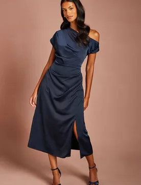 Women's Petite Off-Shoulder Satin Side Tie Midi Dress in Navy Size: 12 - Navy - Size: 12 - Coast - FashionsVida
