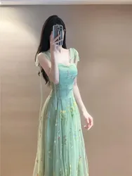 Green floral print tulle ethereal halter dress for coming-of-age ceremony