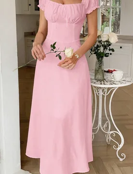 Vestido elegante para mujer PoPoHouse, unicolor estilo bohemio de vacaciones, diseño de cuello bajo y hombros descubiertos, vestido de playa casual y - Shein - FashionsVida