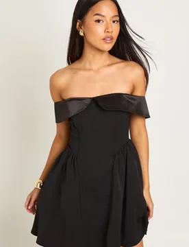 Womens Petite Off The Shoulder Skater Mini Dress - Black - Size 10 Uk - Boohoo - FashionsVida