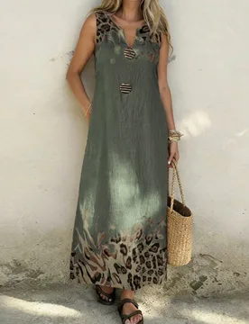 Vestido de línea A con cuello en V sin mangas, estampado y decoración de botones, talla grande, adecuado para vacaciones y uso diario, primavera/ver - Shein - FashionsVida