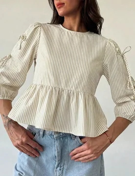 Camisa de mujer de cuello redondo, manga media y corta, con lazo a rayas amarillo albaricoque, minimalista para ir y venir y de vacaciones L - Shein - FashionsVida