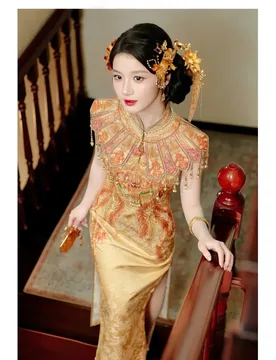 A new Chinese-style golden wedding dress with unique female feel bride's cheongsam and toasting - Aliexpress - FashionsVida
