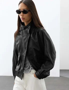 Leather Funnel Neck Bomber Jacket Black female - Autograph - FashionsVida