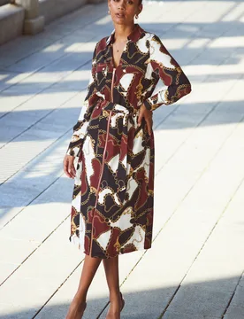 Womens Black Multi Print Zip Front Belted Midi Dress - Brown - Size 6 Uk - Sosandar - FashionsVida