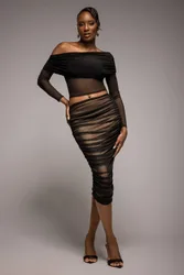Women's Gathered Side Mesh Midi Skirt in Black Size: Medium - Black - Size: M