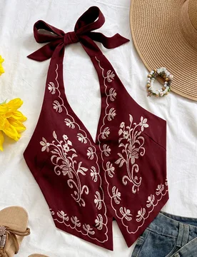 Top corto con escote halter, espalda descubierta y lazo, con bordado floral, adecuado para festivales de música XL - Shein - FashionsVida