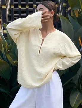 Blusa de mujer de corte holgado, color liso, manga larga, cuello redondo para vacaciones S - Shein - FashionsVida