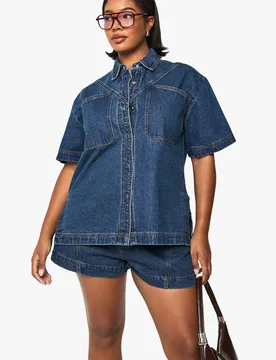 Womens Plus Denim Short Sleeve Longline Shirt - Blue Cotton - Size 26 Uk - Boohoo - FashionsVida