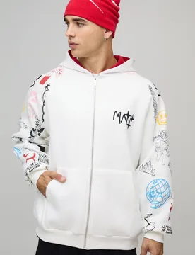 Mens Oversized Zip Through Doodle Sleeve Printed Hoodie - Ecru Cotton - Size Large - boohooMAN - FashionsVida