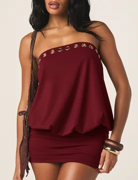 Vestido mini tipo blouson sin tirantes con ribete de ojales dorados, escote bandeau, falda ajustada fruncida, para fiesta, noche y vacaciones XS - Shein - FashionsVida