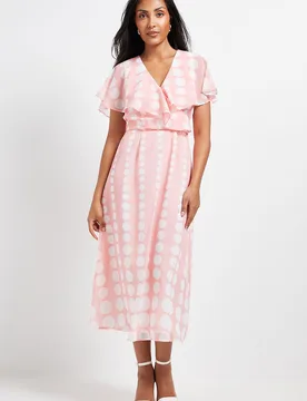Womens Petite Chiffon Polka Dot Border Cape Sleeve Midi Dress - Pink - Size 12 Uk - Wallis - FashionsVida