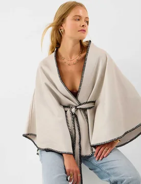 Contrast Trim Belted Poncho Cream female - Accessorize - FashionsVida