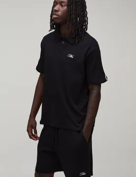 Mens Oversized Boxy Contrast Piping Embroidered Short Sleeve Polo And Set - Black Cotton - Size X-Large - boohooMAN - FashionsVida