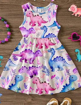 Vestido de tirantes informal y sencillo con estampado de dinosaurio de dibujos animados, adecuado para el verano para niñas jóvenes 5Y - Shein - FashionsVida