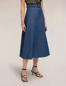 Falda de paneles en chambray modelo de línea en a con cintura alta cierre con cremallera - Motivi - FashionsVida