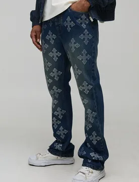 Mens Stacked Flared Cross Rhinestone Embellished Denim Jeans - Blue Cotton - Size 28 Regular - boohooMAN - FashionsVida