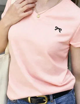 Camiseta de manga corta con cuello en V y decoración de lazo, de estilo minimalista y casual para uso diario y trayectos, para verano L - Shein - FashionsVida