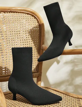 Botines de mujer de tacón y puntiagudos con elástico, de estilo sexy, con tacón de gatito bajo, botas de media caña negras, botas elásticas para - Shein - FashionsVida