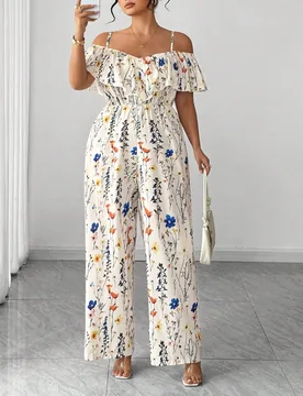 Mono elegante con estampado floral y volantes en los hombros para mujer de talla grande, ajuste ceñido, adecuado para el trabajo, primavera/verano 0X - Shein - FashionsVida