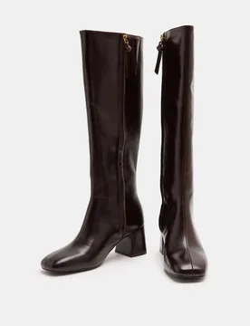 Square Toe Block Heel Knee High Boot Chocolate female - Jaeger - FashionsVida