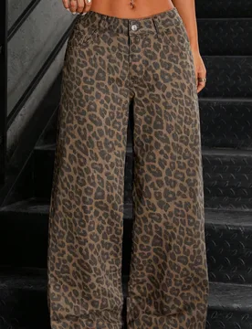Pantalones vaqueros de mujer de pierna ancha con estampado de leopardo, cintura baja y lavado, para mujeres altas Tall S - Shein - FashionsVida