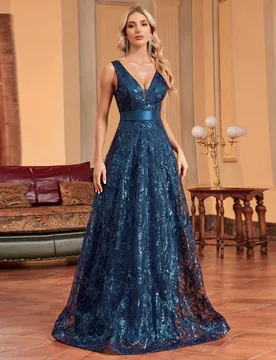 Vestido de Noche Elegante Formal para Mujer BluePlum con Lentejuelas Bordadas, Cintura Ajustada, Cuello en V, sin Mangas, Largo hasta el Suelo, para F - Shein - FashionsVida