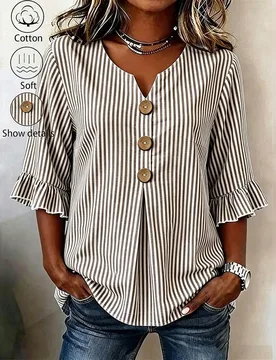 Camisa de mujer talla grande con cuello en V con muesca, decoración de botones, manga media, rayas azules, top de verano para mujer, camisa de vacaci - Shein - FashionsVida