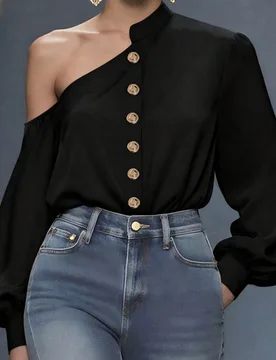 Camisa blanca de hombro asimétrico para mujer, mangas largas de farol, cierre de botones, ajuste regular, tela tejida negra S - Shein - FashionsVida