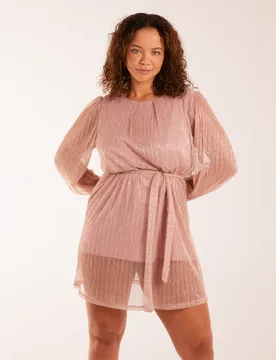 Metallic Plisse Belted Dress - ONE / Champagne - female - Blue Vanilla - FashionsVida