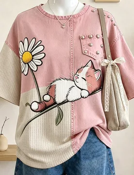 Camiseta de manga corta holgada con hombros caídos y estampado digital de gatos & flores para mujer S - Shein - FashionsVida