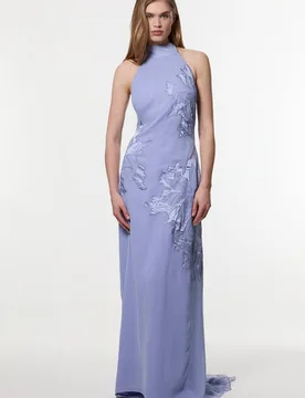 Women's Petite Applique & Lace Georgette Woven Halter Maxi Dress in Blue Size: 12 - Blue - Size: 12 - Karen millen - FashionsVida