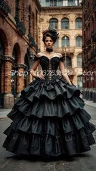 History Black Gothic Steampunk Prom Dresses Luxury Ruffles Tiered Skirt Bustle Corset Victorian Evening Gown Costume Customised