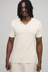 Mens Tall Regular Fit Cotton Blend Ribbed Knitted Polo - Ecru - Size Medium