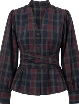 Blusa azul de cuadros con escote pico, cuello plisado y cinturón a juego de mujer - The-Are - FashionsVida