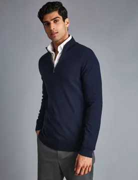 Pure Merino Wool Half Zip Jumper Navy male - Charles Tyrwhitt - FashionsVida