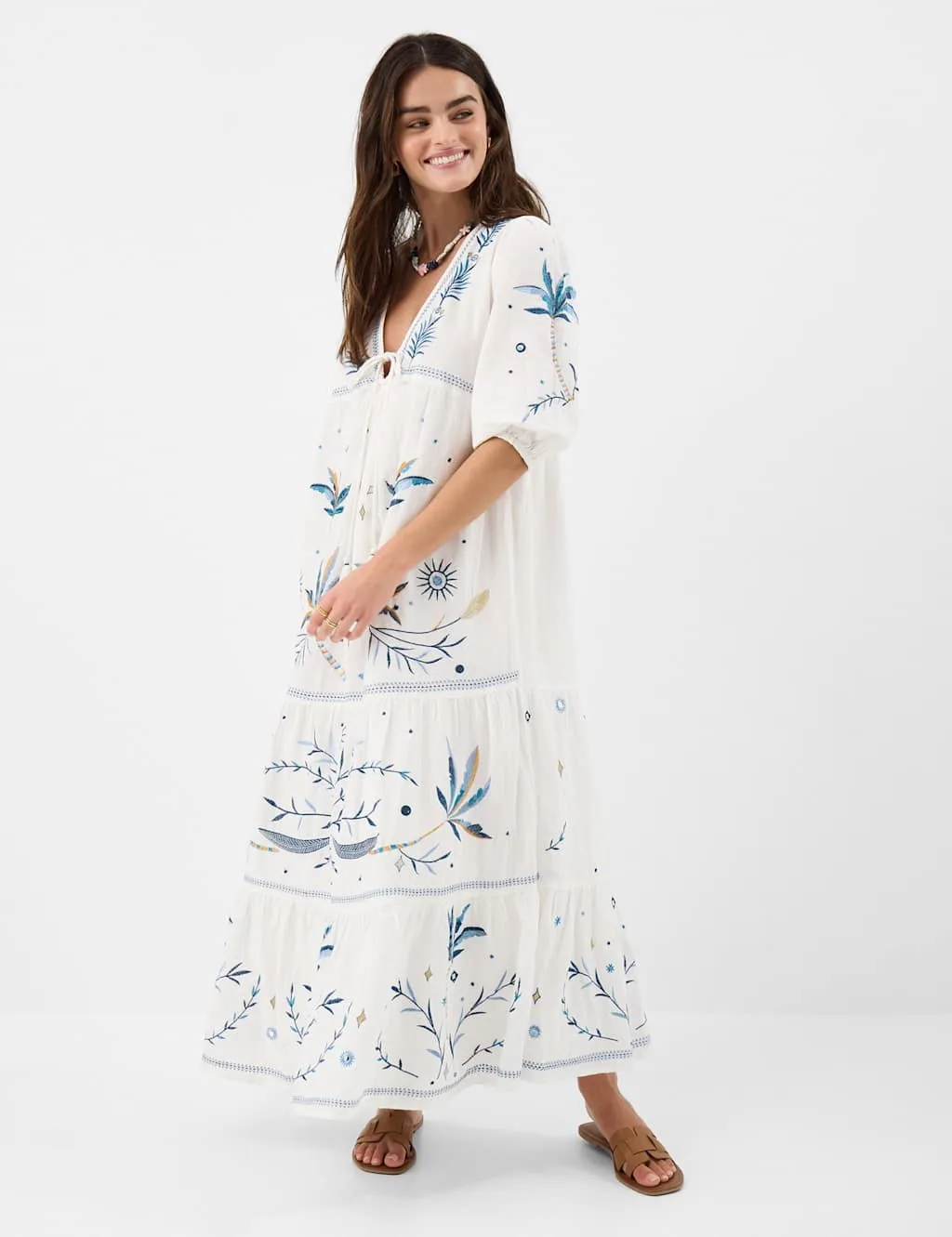 Pure Cotton Embroidered Maxi Tiered Dress Ivory female - Accessorize - FashionsVida