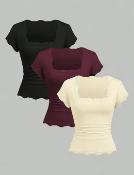 Conjunto de camiseta de mujer de diseñador de primavera/verano, estilo high-street chic, con ribete de encaje, ajuste estilizante, versátil y cómod - Shein - FashionsVida