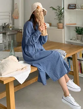 Vestido de mezclilla con bolsillos duales y dobladillo dividido, vestido maxi de ropa de otoño M - Shein - FashionsVida