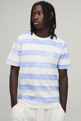 Mens Slim Fit Printed Stripe T-Shirt - White Cotton - Size Small