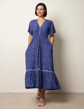 Ditsy Floral Button Front Raglan Trim Dress - L / BLUE DITSY - female - Blue Vanilla - FashionsVida
