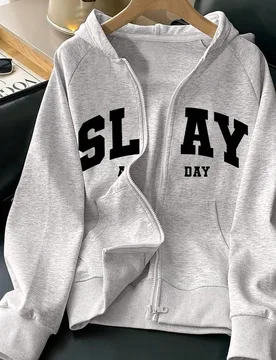 Sudadera con capucha con cremallera, manga larga holgada y estampado de letras, estilo moda callejera, adecuada para primavera, otoño e invierno, par - Shein - FashionsVida