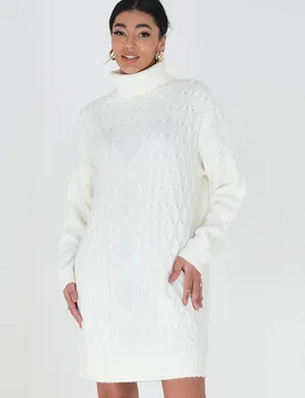 Women's Roll Neck Cable Knit Jumper Dress in Cream Size: XS - Cream - Size: XS - Brave soul - FashionsVida
